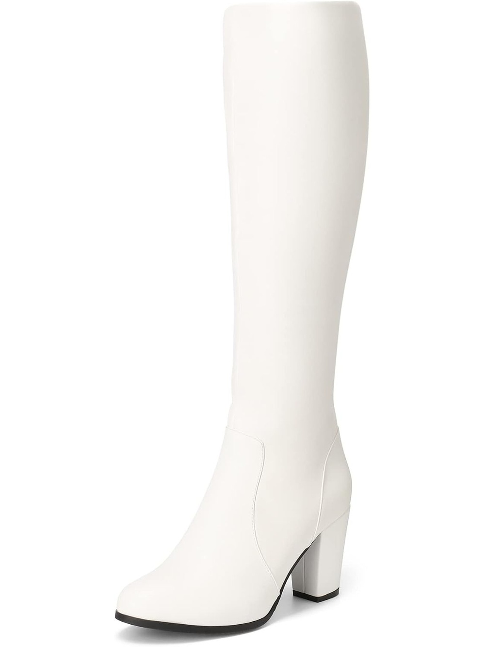 Women's White Pu Round Toe Chunky Heel Knee-high Winter Fall Tall Riding Boots